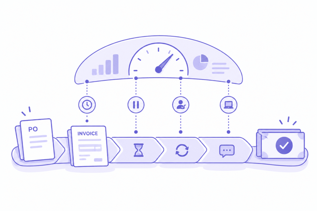 Order to cash cycle broken into five stages with time and rework metrics for each